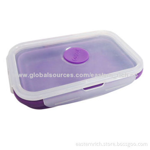Silicone fold-able lunch box with PP lid, 18.3*12*3(when folded, unfolded 7cm (H)